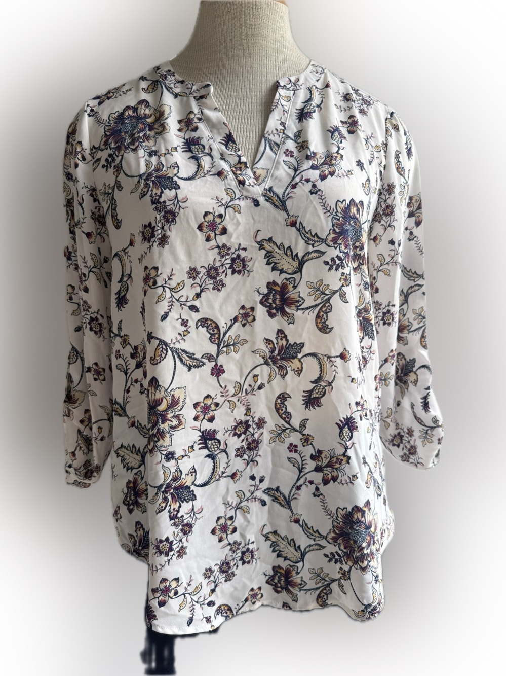 Women's Floral V-Neck Blouse - White with Multicolor Print